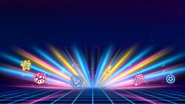Upbeat Arcade Presentation Backdrop Featuring Dynamic Radial Neon Rays, Floating Game Power-Up Icons, and Subtle Grid Textures with Wide Clear Copyspace on Top for Presentation Content, Vector