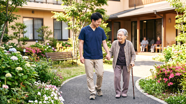庭で手をつなぎ歩く男性介護士