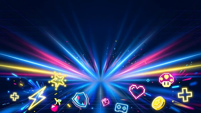 Upbeat Arcade Presentation Backdrop Featuring Dynamic Radial Neon Rays, Floating Game Power-Up Icons, and Subtle Grid Textures with Wide Clear Copyspace on Top for Presentation Content, Vector