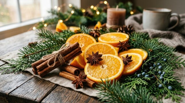 Cozy winter holiday arrangement with oranges, cinnamon, star anise, and pine