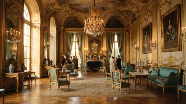 Elegant Rococo salon with gilded ornaments and people in period attire
