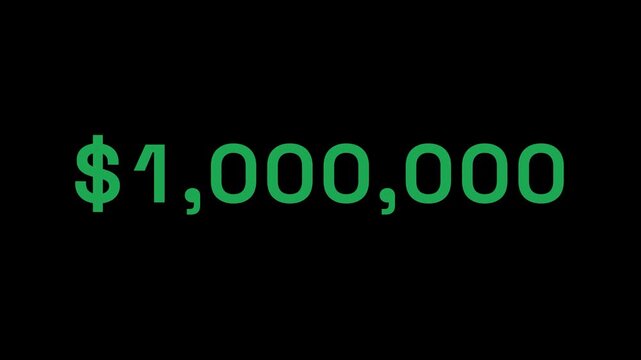 Money counter zero 0 to one million 1000000 dollar odometer animation on black alpha channel background