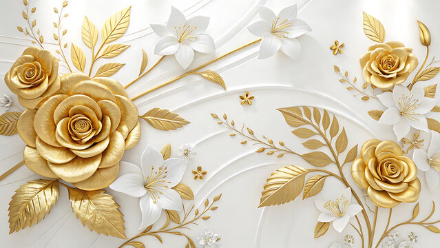 Decorative 3D gold rose and white flower pattern with ornament