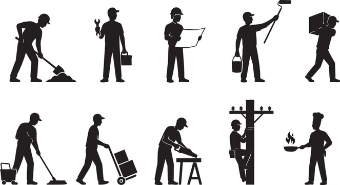 Industrial Worker Silhouette Collection for Construction and Manual Labor Jobs