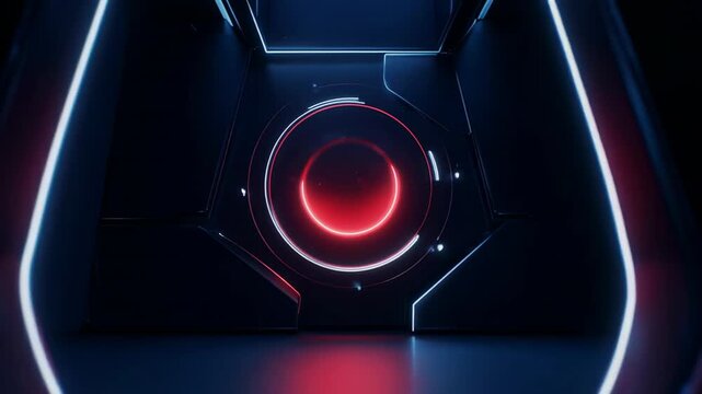 Futuristic glowing red orb within hexagonal panel reveals with dynamic light in dark sci-fi setting