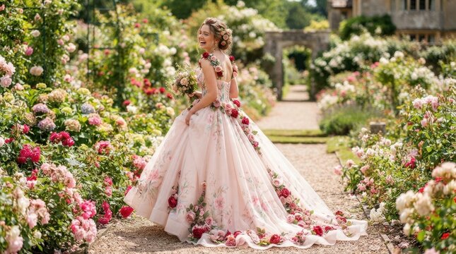 Young woman in a floral gown walking through a blooming rose garden