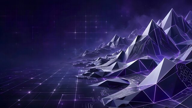 Sleek Sci-Fi Gaming Presentation Background Featuring Abstract Low-Poly Mountain Terrain with Glowing Grid Lines, High-Tech Digital Art Backdrop with Open Text Area on Left, Flat Vector Graphic