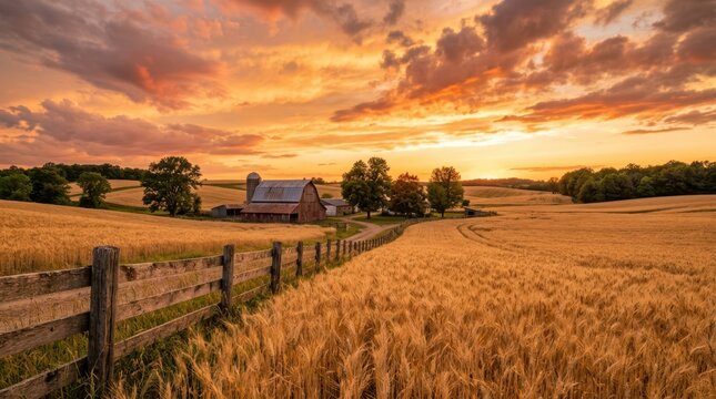 Golden wheat field at sunset with rustic barn and silo in the distance