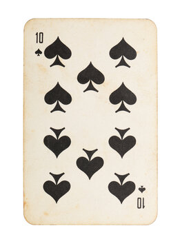 Old vintage Ten of Spades playing card isolated on white.
