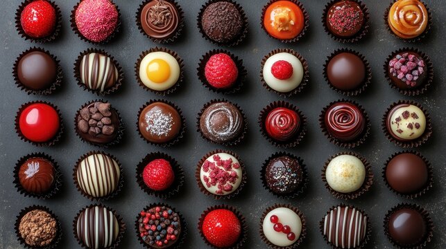Assorted chocolate bonbons with fruit and nut toppings on black background