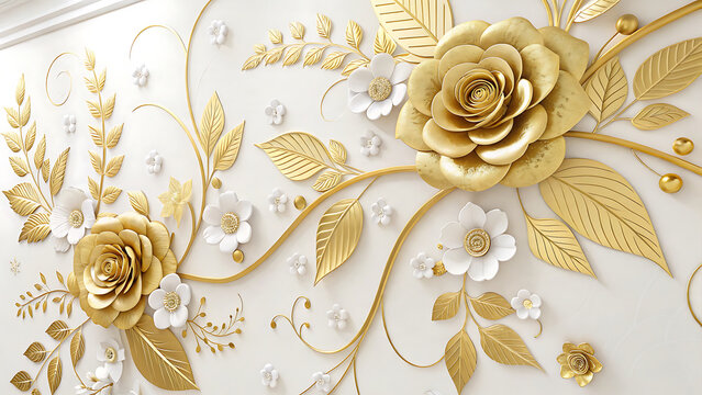 Luxurious gold rose floral pattern wall decoration with wallpaper