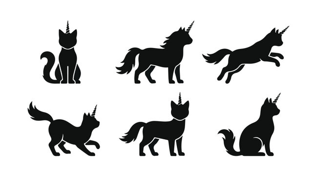 Collection of black unicorn and cat silhouettes with mythical and magical themes isolated on a transparent background for fantasy design