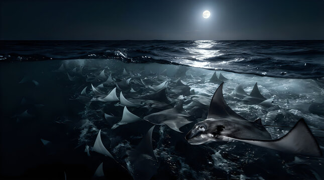 A school of ray swimming in the night sea, 4K, AI generated