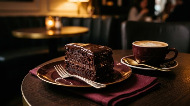 Decadent chocolate cake slice with rich ganache and a latte in a cozy cafe setting