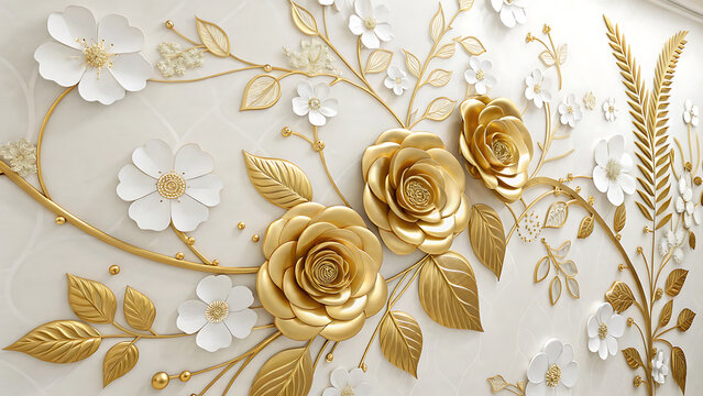 Luxurious gold rose and white blossom floral pattern