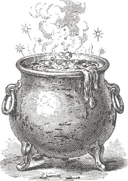Witch cauldron boiling with mystical potion and magic bubbles isolated on dark transparent background.