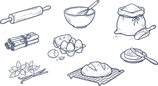 Baking Ingredients Icon Set Line Art, Rolling Pin Flour Eggs Bread Hand Drawn Illustration