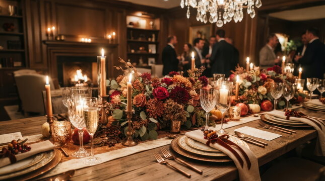 Elegant autumn dinner party setting with floral centerpiece and candles