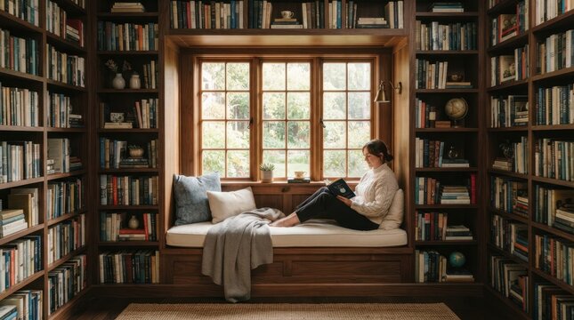 Woman reading a book in a cozy window seat surrounded by bookshelves