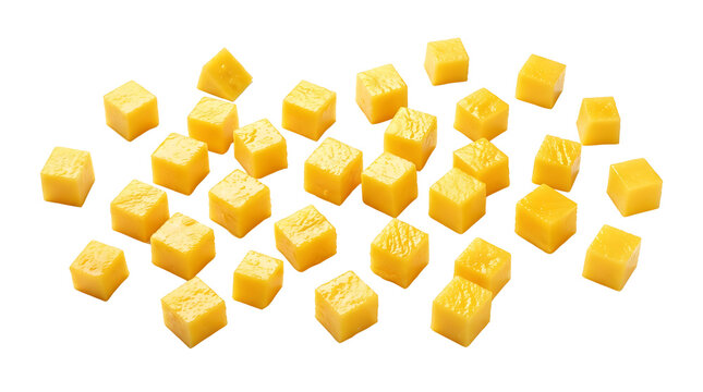 Scattered small yellow cheese cubes on a clean white background, perfect for appetizers or salads.