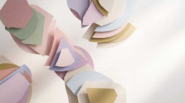 Modern abstract composition featuring layered pastel paper cut geometric shapes arranged on a clean minimal background. Ideal for branding, creative design, presentations, social media, banners, poste