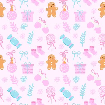 Cute pastel pink Christmas seamless pattern with gingerbread man, candy, lollipop, gift box, mittens, socks and ornament on light pink background