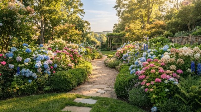 Beautiful garden path lined with colorful hydrangeas and lush greenery