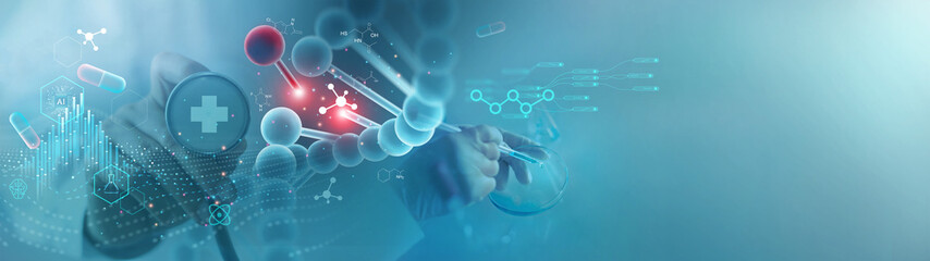 Abstract luminous DNA molecule. scientist and doctor experiment and check analysis chromosome DNA genetic of human with Ai technology on virtual interface. Medicine. biotechnology and Medical science.