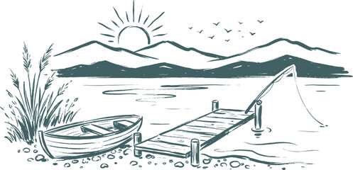 Fototapeta premium Lake Landscape Scene Line Art Illustration, Rowboat Pier Mountains Sunrise Hand Drawn Nature
