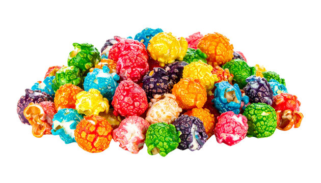 A vibrant assortment of colorful candy-coated popcorn in red, blue, green, yellow, and pink, isolated on transparent background, festive appearance