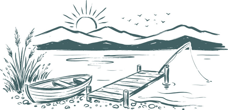 Lake Landscape Scene Line Art Illustration, Rowboat Pier Mountains Sunrise Hand Drawn Nature