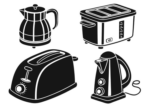 four unique black kitchen appliance vector designs arranged neatly on a pure white background electric kettle, toaster, blender and rice cooker. Use consistent black styling, smooth curves and precise