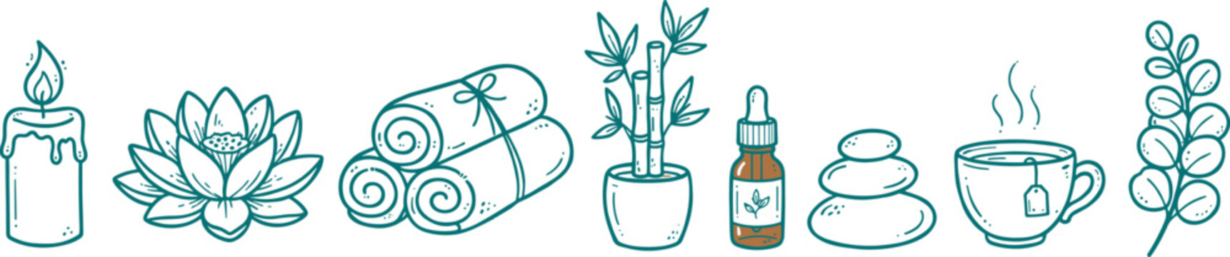 Spa Wellness Icon Set Line Art, Candle Lotus Towel Bamboo Stones Tea Hand Drawn Illustration