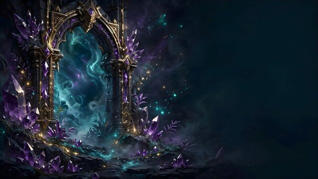 Atmospheric Fantasy Gaming Background for Slides Featuring Glowing Crystalline Structures, Ethereal Mana Particles, and Mystic Portal Archway with Large Empty Workspace on Right, Vector Graphic