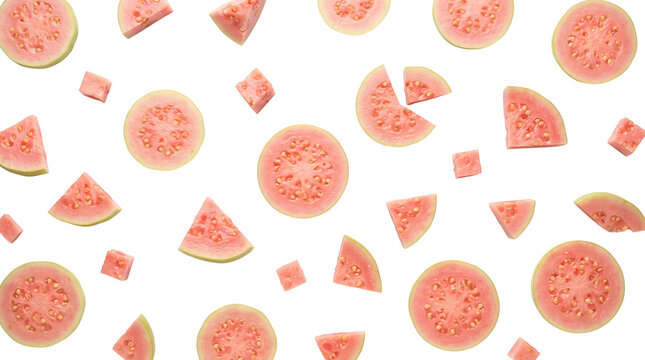 Pink guava slices and pieces scattered on a white background, showcasing the fresh tropical fruit.