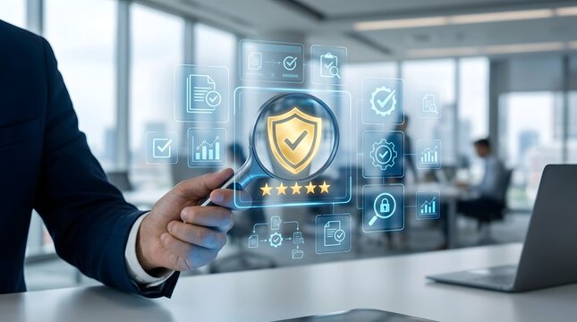 Cybersecurity data protection concept with gold shield icon. Digital security audit and compliance verification in a modern office. Corporate network safety interface.