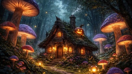Obraz premium Enchanted forest cottage scene