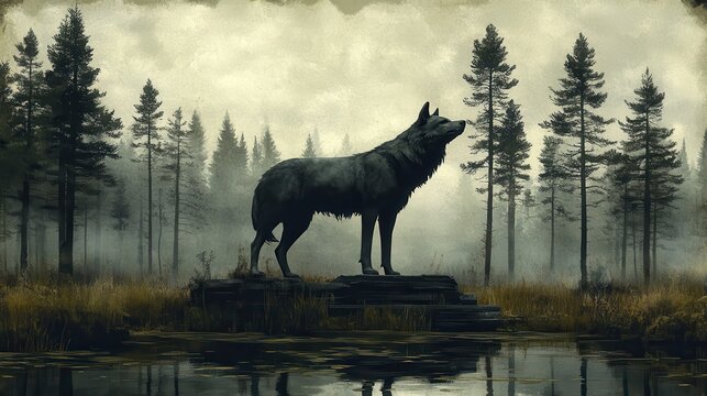 Majestic wolf standing on wooden platform in misty forest landscape