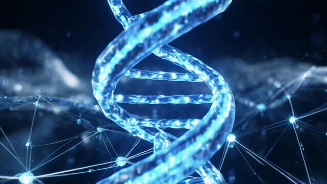 Glowing DNA helixes morphing with network connections in futuristic blue lighting