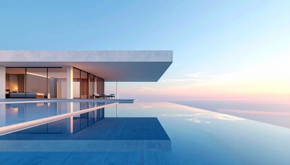 Fototapeta premium Minimal luxury villa reflected in a perfectly still infinity pool under an expansive sky