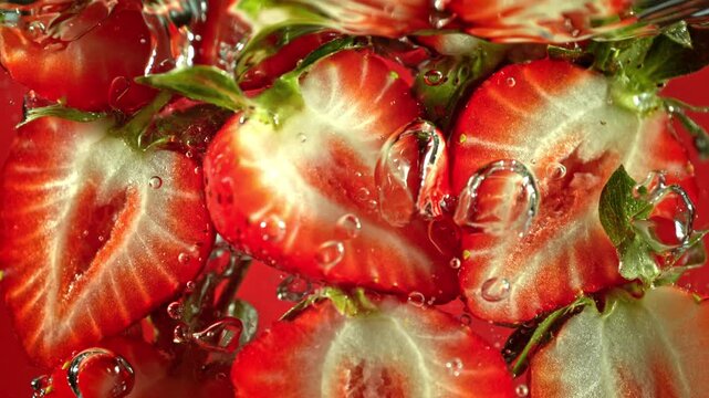 Super Slow Motion Shot of Fresh Strawberries Falling into Water at 1000fps.