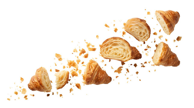 Pieces of golden baked croissants and scattered crumbs floating in the air on a white background.