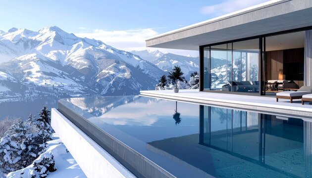 Luxury villa with an infinity pool overlooking snow-covered mountains in crisp winter air