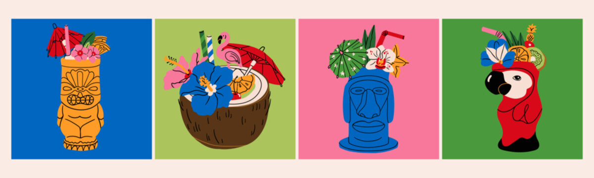 Summer Cocktails set. Refreshing drinks with fruit, small umbrella, flowers, straw. Various shape glasses. Tiki, human head, parrot, coconut. Hand drawn Vector illustration. Isolated design elements
