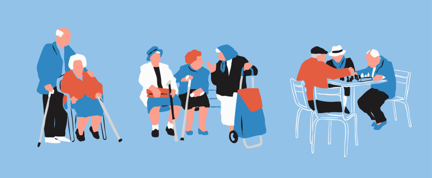 Senior couple, old people playing chess, having conversation, spending time together. Friends, grandparents, retirement, active life concept. Hand drawn Vector illustration. Isolated design elements