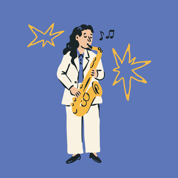 Person dressed in white with music instrument. Musician playing Saxophone. Hand drawn trendy Vector illustration. Isolated design element. Concert, music school, jazz fest, band, orchestra concept