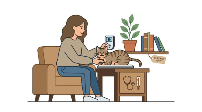 Woman scanning domestic cat with microchip reader for checkup