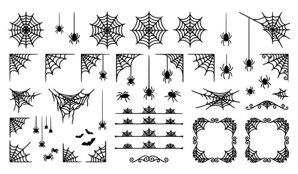 Halloween Spider Web Decorations Black Silhouette Vector Icon Pack
