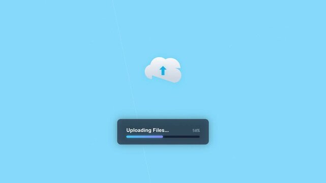 Uploading Files Motion Graphics Animation with Cloud Icon, Progress Bar Widget, and Percentage Indicator on Light Blue Background