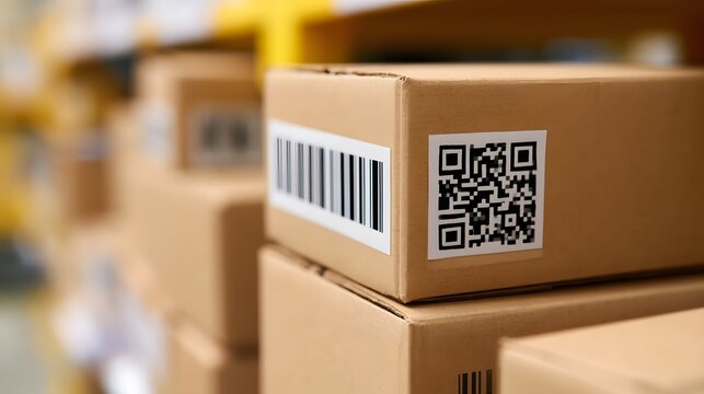 Close up of cardboard boxes stacked in a warehouse with barcode and QR code labels on top